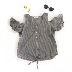 BLUE AND GRAY STRIPE COLD SHOULDER BLOUSE